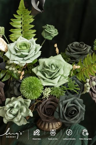 Ling's moment Fake Flowers Box, Faux Artificial Greenery Stems Foam Roses Gardenia Silk Lily Fabic Flower for Centerpieces Bouquet Wedding Vase Floral Decorations, Emerald & Gold, Grand Combo - color: Grn-emerald & Gold, size: Grand