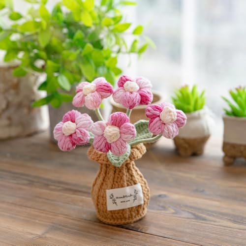 Handmade Crochet Flowers, 6 Inches Small Potted Plants, Knitted Desk Decorations for Home Office Decor (Puff Flower) - color: 6：puff Flower