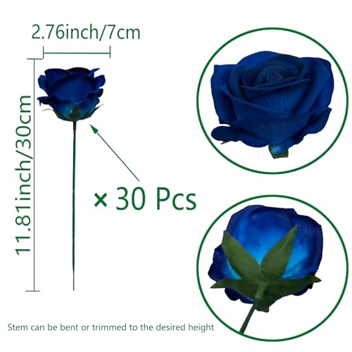 FagusHome 30 Pcs Silk Rose Artificial Flowers Roses Bulk Bouquet Fake Flowers Rose Heads with Stems for Home Wedding Decor (Dark Blue) - color: Dark Blue