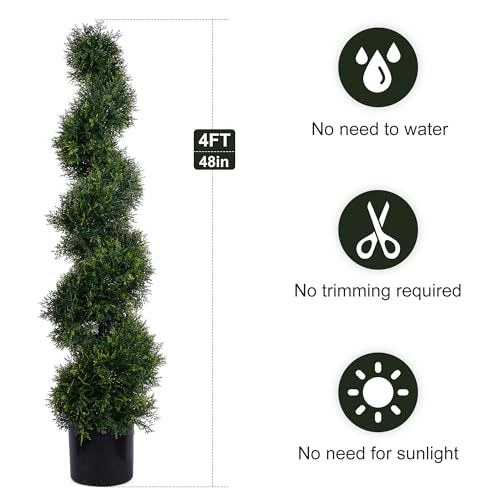 4FT Spiral Artificial Topiary Trees, Artificial Outdoor Plants - Faux Cedar Trees for Front Porch Indoor Outdoor Decor Artificial Plants UV Resistant Set of 2 - size: 4ft