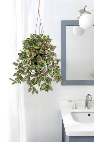 Briful Artificial Hanging Plants in Black Pot 17.7" Lifelike Trailing Faux Watermelon Peperomia Silk Plant with Cascading Greenery Fake Hanging Greenery for Indoor & Outdoor Home Garden Décor - color: Red Green