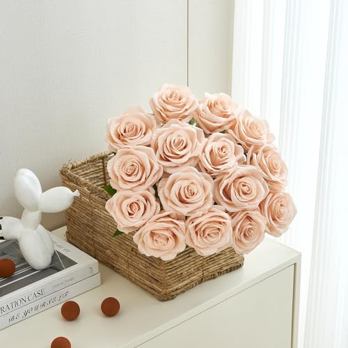 15pcs Fake Roses Artificial Silk Flowers Faux Rose Flower Long Stems Bouquet for Arrangement Wedding Centerpiece Party Home Kitchen Decor - color: 15pcs Champagne Pink