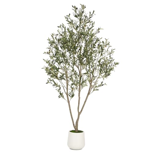 VIVATREES Olive Trees Artificial Indoor, 7FT Tall Faux Olive Tree with White Tall Planter, Artificial Plants with Natural Wood Trunk and Lifelike Fruits for Home Office Decor - color: White-7ft