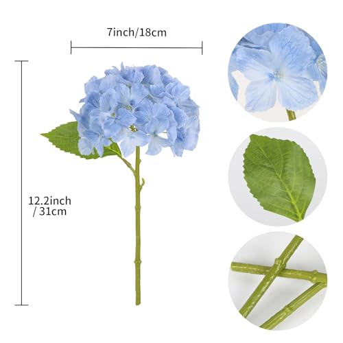 IPOPU 6pcs Real Touch Hydrangea Artificial Flowers Faux Blue Hydrangeas 12" Realistic Latex Flowers with Stems for Wedding Centerpieces Bouquets DIY Floral Home Decoration(Blue) - color: Baby Blue