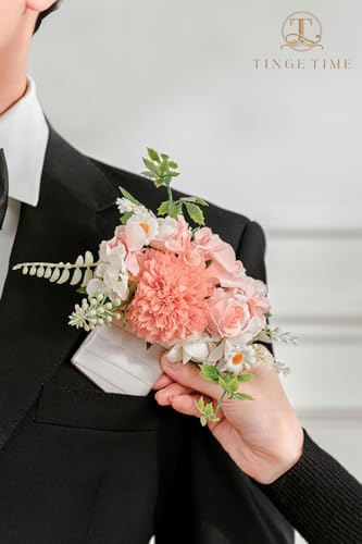TingeTime Single Pocket Boutonniere for Man Groom, Best Man Boutonniere for Wedding Ceremony Anniversary, Formal Dinner Party and Rustic Spring Wedding Marriage(PeachPink&White) - color: Peachpink&white