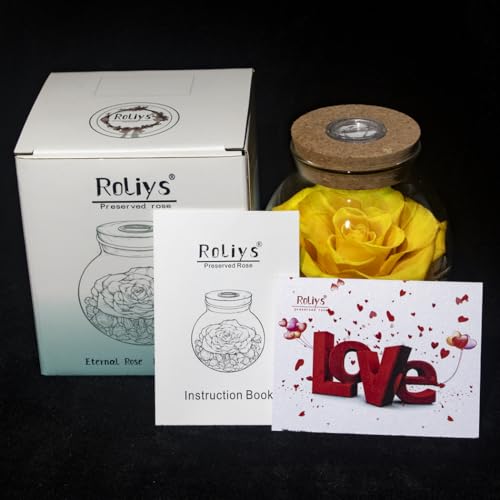 Preserved Real Roses with Colorful Mood Light Wishing Bottle,Eternal Rose，Never Withered Flowers, a Gifts for Women 4.3inch 1pcs (Yellow) - color: Yellow