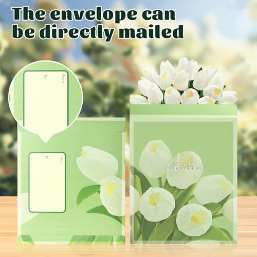 Airpark Pop Up Flower Bouquet Card for Women, 3D Floral Greeting Card with Envelope and Note, Birthday Thank You Thinking of You Get Well Gift for Mom Friend Wife Teacher, White Tulip - style: White Tulips