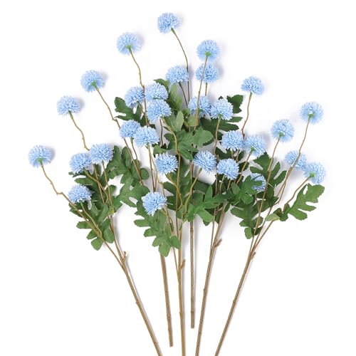 mizii 6Pcs Blue Fake Silk Pompon Mum Artificial Flowers Bulk Small Faux Chrysanthemums with Stems Realistic Floral Decorations for Wedding DIY Bouquet Centerpieces Shower Vase Home Decor (Light Blue) - color: Light Blue