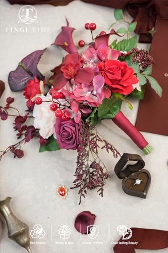 TINGE TIME Artificial 9 Inch Bridal Bouquet, Terracotta Flower Bouquet with Roses for Bride, Bridal Tossing Bouquet for Wedding Ceremony Anniversary Bridal Showers Church Decoration - color: Burgundy & Pink