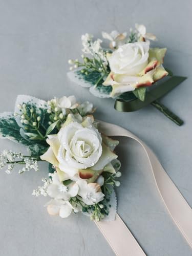 White Rose Wrist Corsage and Boutonniere Set with Ribbon Ties Wedding Prom Formal Accessories (Champagne Colored Ribbon) - color: Champagne Colored Ribbon