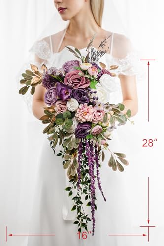 Lisuun Wedding Bouquets for Bride, 16 Inches Wedding Flower Bouquet, Silk Round Bridal Bouquet for Wedding, Ceremony, Anniversary - color: White&purple