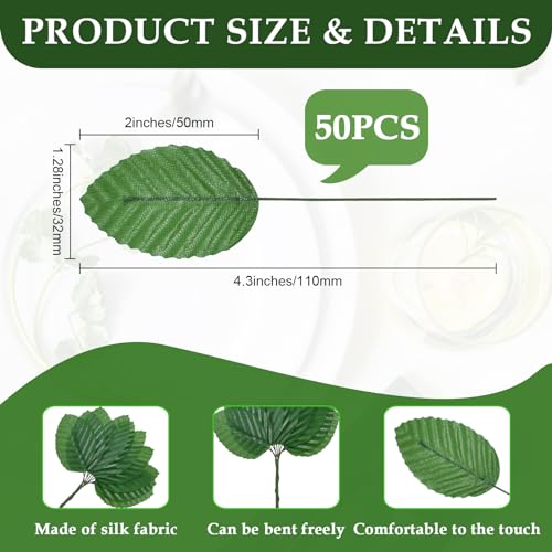 50Pcs Artificial Silk Leaf, Fabric Floral Fake Wire Crafts Leaves Faux Flowers for DIY Wedding Corsage Party Home Decoration Banquet and Christmas Hawaiian (Green) - color: Green
