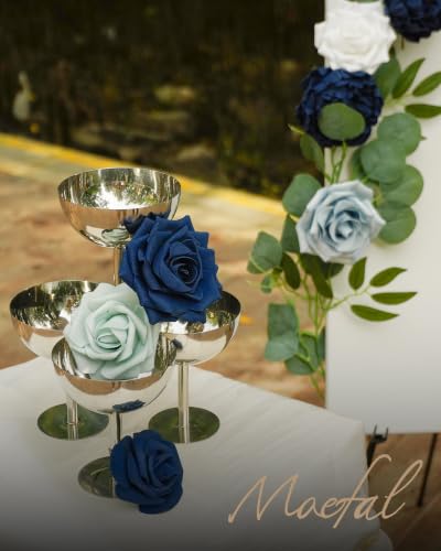 24pcs Navy Blue Artificial Flowers Combo, Faux Foam Roses & Peonies Fake Flowers with Stems for DIY Wedding Bouquets, Table Centerpieces, Bridal Shower, Cake Flowers & Home Party Decorations - color: Blu-navy Blue
