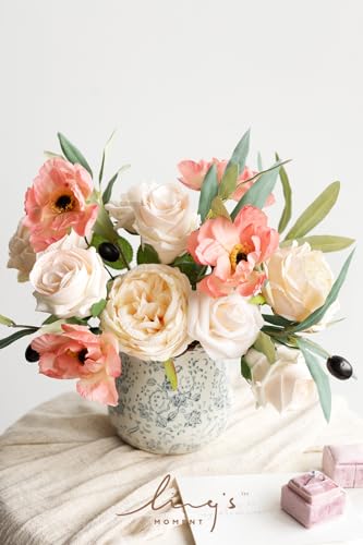 Ling's moment Artificial Flowers Fake Silk Poppy Peony Faux Foam Roses Combo for DIY Wedding Bouquets Centerpieces Arrangements Bridal Shower Party Home Decorations, Coral & Cream, 24pcs - color: Pk-coral & Cream