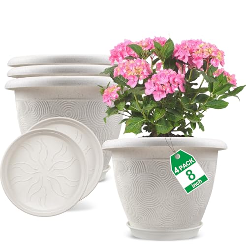 Fodetyff 8 Inch Flower Pots Planters for Indoor Outdoor Plants, 4 Pack Plastic Small Plant Pots with Drainage Hole & Tray, Modern Decorative Garden Pot with Saucer, Plant Container for House - color: White, size: 8 inch-4 pack