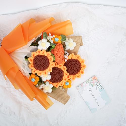 Crochet Flower Bouquet, Handmade Knitted Sunflower Faux Crochet Flowers for Home Decor Valentine’s Day Anniversary Weddings Birthdays Mother’s Day, Includes Gift Bag and Greeting Card (Sunflower) - color: Orange