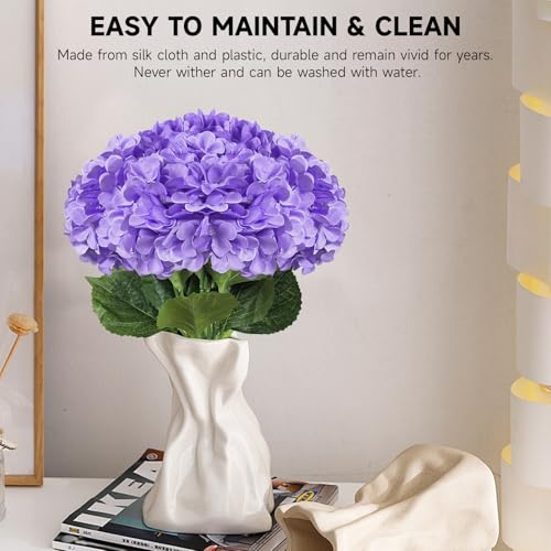 6 PCS Artificial Hydrangea Flowers, Faux Silk Hydrangea with Long Stems, Home Wedding Decor, Table Centerpieces, Party Decorations (Purple) - color: Purple