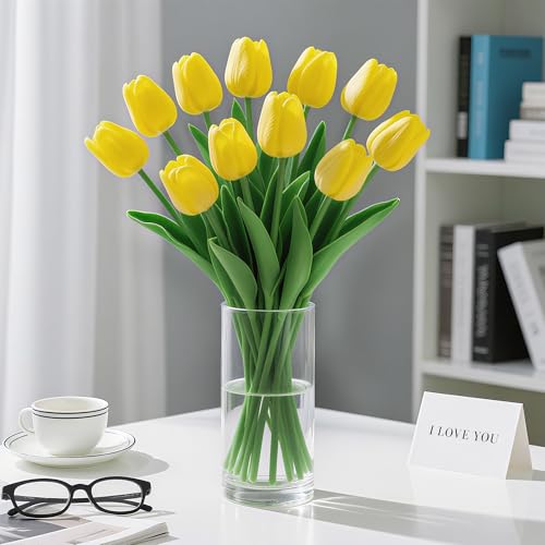 20Pcs Fake Tulips Artificial Flowers Faux Tulips Real Touch PU 13" Yellow Tulip Bouquet for Mother's Day Home Kitchen Decor Home Party Office Decorations - color: Yellow