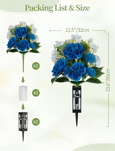 Artificial Grave Flowers for Cemetery: 2 Pcs Memorial Day Flowers for Cemetery Grave Decorations - Fathers Day Outdoor Silk Blue White Peony Flower Bouquet with Vase for Gravesites - color: Blue & White