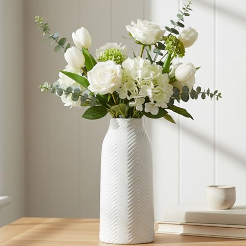 hjn White Vase for Flowers Ceramic Vase for Decor, Modern Decorative Tall Vases for Your Kitchen/Office/Living Room/Bookshelf/Mantel - White Texture(Medium) - size: 6D'' x 12"H
