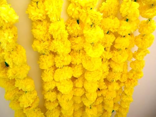 Artificial Marigold Garland for Decoration 5 Pcs of 5 feet Long Strands Artificial Marigold Flowers, Indian Decor for Pooja, Wedding Christmas, Events Decorations (Yellow) - color: Yellow