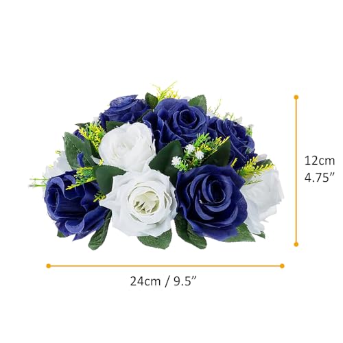 10Pcs Fake Flower Ball Arrangement Bouquet, 9.5" 15 Heads Plastic Roses with Base,Suitable for Parties Valentine's Day Wedding Centerpiece Flower Rack and Home Décor (Navy Blue & White) - color: Navy Blue & White