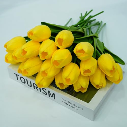 20pcs Fake Tulips PU Yellow Tulips Artificial Flowers Faux Flowers 13 Inch Mother's Day Easter Valentine’S Day Gifts in Home Kitchen Spring Decorations For Home (Yellow) - color: Yellow
