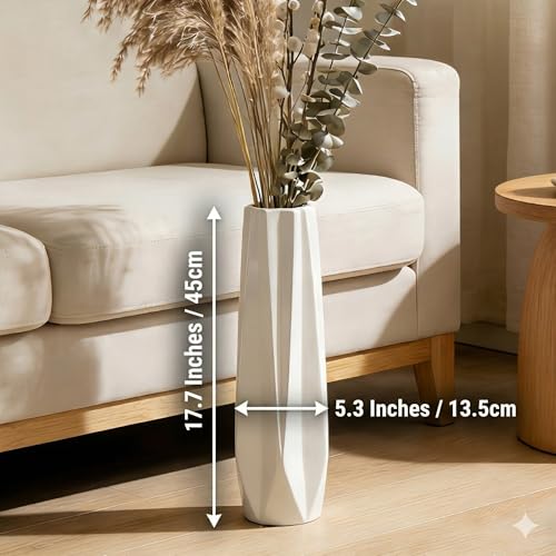 Ceramic Floor Large Vase 17.7 Inches Tall,White Modern Flower Tall Vases for Office, Home,Farmhouse,Living Room Décor,Simple Origami Design Fall Decorative Porcelain Flower Arrangement Vase Ideal Gift - size: 17.7 Inch