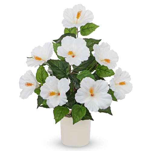 Briful Artificial Hibiscus Potted Plant 20.8” Tall, Realistic Silk Hibiscus Flowers Farmhouse Table Decor, Faux Tropical Flower Plant in Pot for Living Room Table, Entryway, Office, Home Decor, White - color: 20.8'' White