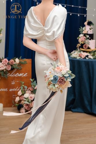 TINGE TIME 9 Inch Artificial Bridal Bouquet, Cascading Wedding Bouquet for Wedding Ceremony and Anniversary (Dusty Rose & Navy Blue) - color: Dusty Rose & Navy Blue