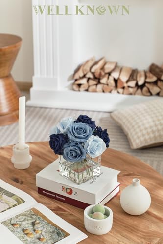 WELL KNOWN Rose Artificial Flowers in Vase with Faux Water, Silk Rose Table Centerpieces for Home Coffee Table Decor, Fake Roses Flower Arrangements for Office Hotel Lavatory Decor (Blue) - color: Blue