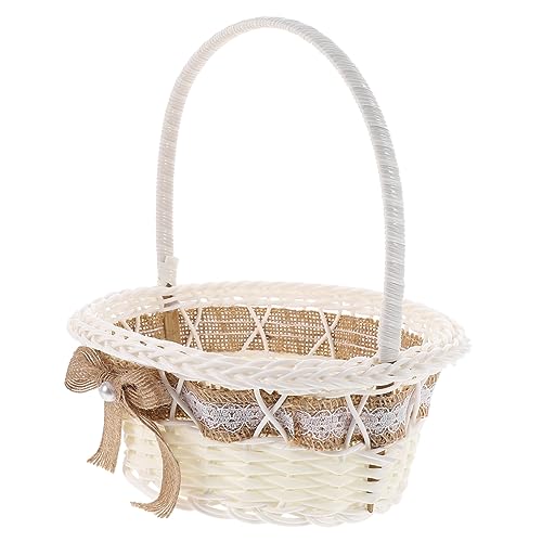 Flower Girl Basket for Wedding Rustic Handle Basket with Lace Design Hand-Woven Imitation Rattan Petal Holder for Ceremony Party Decor Photo Prop 8.26 X 7.08 X 7.08 in 1 Pc