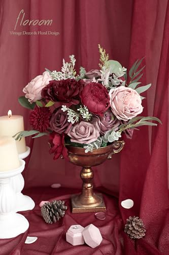 Floroom Burgundy Mauve Artificial Flowers Marsala Fake Roses Peonies and Greenery Combo Box Set for DIY Dark Red Wedding Bouquets Bridal Shower Centerpieces Floral Arrangements Party Tables Decoration - color: Enchanted Burgundy
