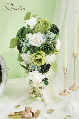 Serwalin 9.8 Inch Wedding Bouquets for Bride Bridesmaid, Spring Green Rose Bridal Bouquets for Bride, Wedding Flowers Bouquet Tossing Bouquet, Ceremony and Anniversary Decor - color: A Spring Green