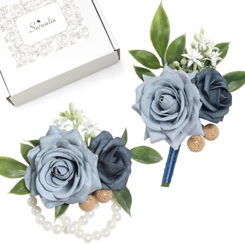 Serwalin Blue Rose Corsage and Boutonniere Set, 2Pcs Dusty Blue Boutonniere and Wrist Corsage Wristband Prom Flower for Wedding Flowers Accessories Prom Suit Decorations - color: Dusty Blue, size: 1 Boutonniere & 1 Wrist Corsage - 2pcs