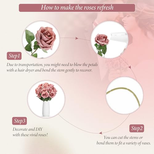Hotop 20 Pcs Artificial Rose Flowers with Long Stem,Real Lifelike Silk Realistic Plastic Bouquet Roses Bulk for Home Decor Bridal Wedding Party Table Centerpieces Decorations(Dusty) - color: Dusty