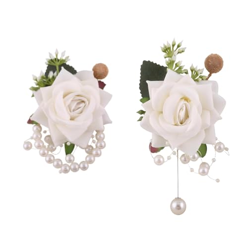 Ivory Wrist Corsage and Boutonniere Set for Groom Groomsmen Men Suit Bride Bridesmaid Artificial Flower Wrist Corsage for Wedding Prom Homecoming Party Ivory - color: 1 Boutonniere & 1 Corsage (Ivory)