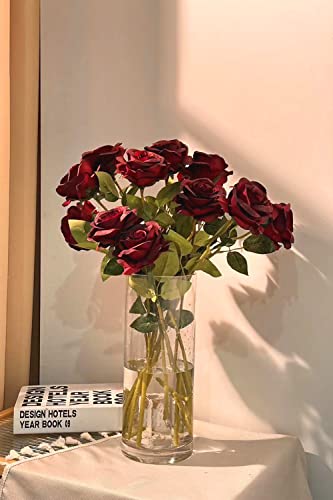 Laelfe 12 PCS Artificial Flowers Roses Silk Flowers Fake Long Stem Artificial Roses for Home Wedding Bathroom Kitchen Decorations (Wine Red) - color: Wine Red