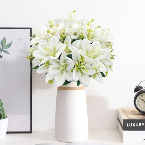 4 Bundles Artificial Tiger Lily Silk Flowers Faux Fake Lilies Plants for Wedding Bouquet Home Party Indoor Table Hotel Office Vases Floral Arrangements Outdoor Garden Decor (White) - color: White