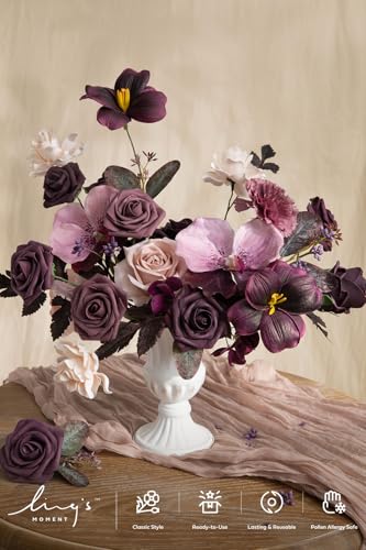 Ling's moment Fake Flowers Box, Faux Artificial Greenery Stems Foam Roses Tulip Silk Orchid Eucalyptus Fabic Flower for Centerpieces Bouquet Wedding Vase Decorations, Plum & Plum Lily, Deluxe Combo - color: Prpl-plum & Plum Lily, size: Deluxe