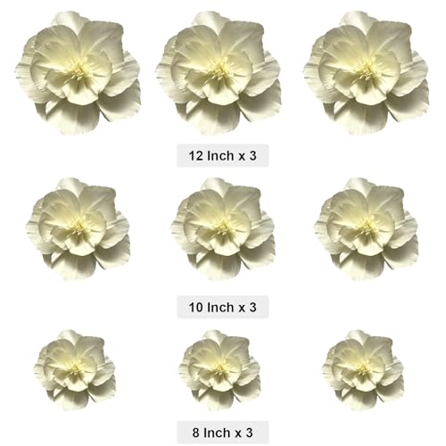 BRT Bearingshui Crepe Paper Flowers Decoration for Wall Total 9 Pcs, Artificial Flowers for Wedding Decor,Flower Backdrop Decor, Baby Bridal Shower Birthday Party, Cream 3D Wall Flowers Decor - color: Cream