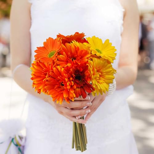 16Pcs Artificial Flowers Colorful Gerbera Daisies Bouquets with Vibrant Color Daisy Lifelike Flowers Arrangements for Home Wedding Table Center Decor,Cemetery Grave Decor(Orange+Yellow+Red) - color: Orange