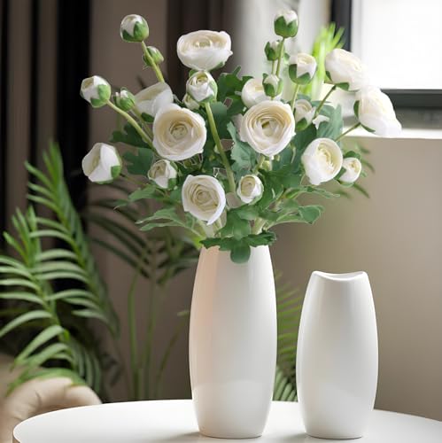 5PCS Artificial Ranunculus Flowers White Silk Flowers Leaves Real Touch Branches Stems Spray for Home Garden Office Decoration Wedding DIY Arrangements (White) - color: White