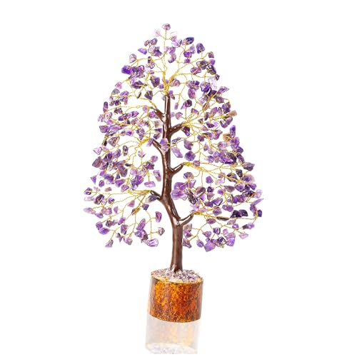 Crocon® Amethyst Tree of Life, Birthday Gifts for Women & Men, Purple House Decor for Shelf Healing Crystals, Spiritual Gift Purple Decor, House Warming Gifts New Home, Birthday Gift for Mom Sister - color: Bg Amethyst (Golden Wire)