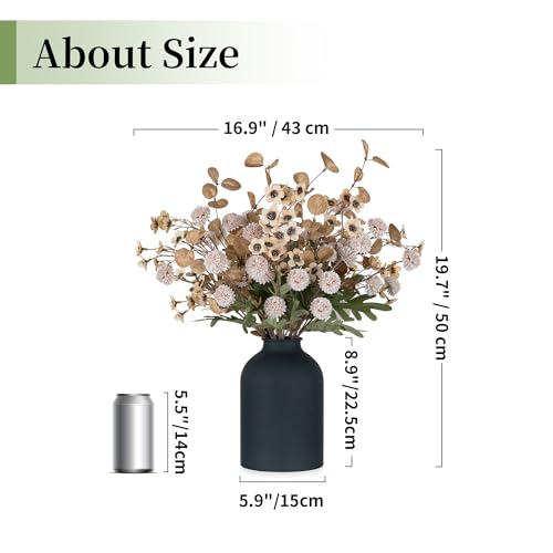 BLOSMON Beige Faux Flowers in Vase: Metal Vase with 12 Stems of Fake Mums Wax Eucalyptuses for Dining Table Centerpiece Decor - Artificial Silk Kiku Pom Poms Wild Farmhouse Floral Arrangements - color: Beige Wax + Kiku