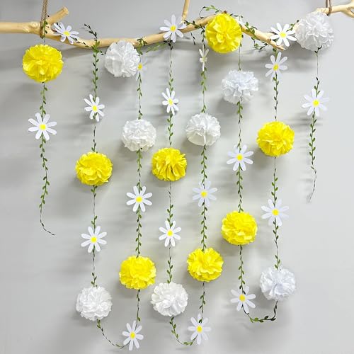 Daisy Party Decorations Yellow White Tissue Flowers Pom Pom Daisy Hanging Leaf Garland Streamer Banner for Spring Summer Themed Birthday Baby Shower Wedding Tea Party Supplies Home Garden Decor - color: Yellow White Daisy