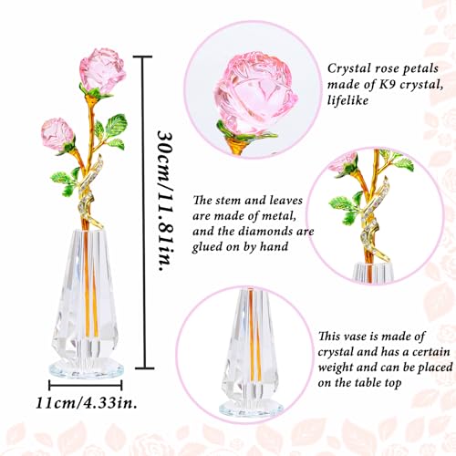 Arikyrist Pink Rose Flower Crystal Figurine with Vase, Handmade Bouquet Glass Flowers Ornament Rose Gifts for Women Mom Wife, Crystal Flower Home Decor for Valentine Mother's Day Wedding - color: Pink 1
