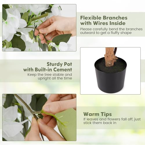 Goplus 53” Bougainvillea Artificial Tree, Faux Silk Flower Tree in Pot w/ 576 Flowers, 288 Leaves, Tall Fake Floor Plant, Artificial Plants for Indoor Outdoor Bedroom Living Room Decor, White - color: White, size: 1 Pack