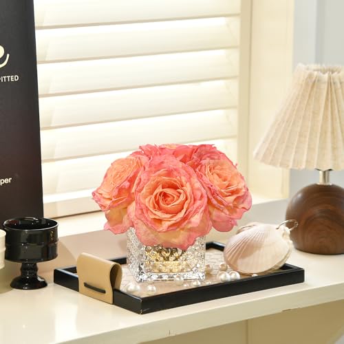 Artificial Rose in Glass Vase Vintage Silk Flower Arrangement with LED Light for Table Centerpiece Home Wedding Decoration (Coral Pink) - color: Coral Pink