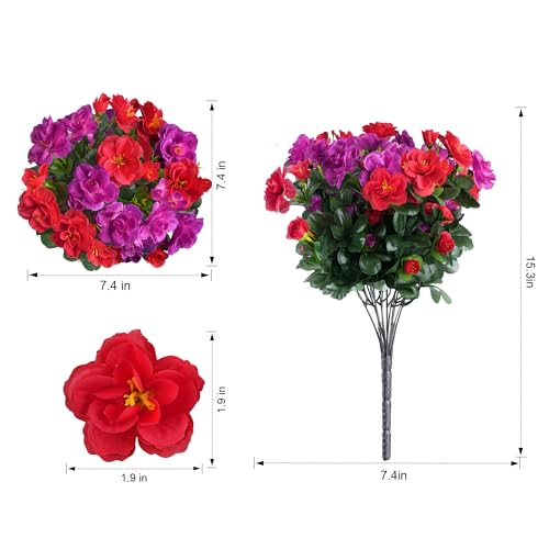 Artificial Fake Outdoor Flowers Plants, Faux Silk Camellia Bundles UV Resistant No Fade Realistic for Planter Pot Outside Porch Patio Balcony Garden Yard Home Decor, 3 Large Bundles (Red + Fuchsia) - color: Red +Fuchsia